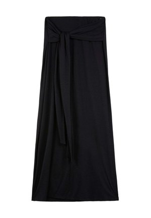Zwarte maxi rok gemaakt van zachte, rekbare stof. Heeft een gestrikt taille-detail, een vloeiende silhoutte en een enkellange uitvoering.