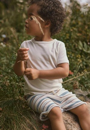 Young child with curly hair wearing a white shirt and striped shorts sits on a rock holding a grass stalk in a natural outdoor setting.