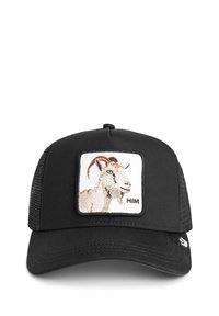 Black trucker hat with an embroidered goat patch design. Soft fabric, curved brim, mesh back, and textured stitching details.