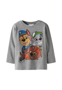 Szara koszulka z długim rękawem z grafiką trzech kreskówkowych psów w kolorowej wersji; żywe kolory z niebieskimi, zielonymi i pomarańczowymi akcentami.