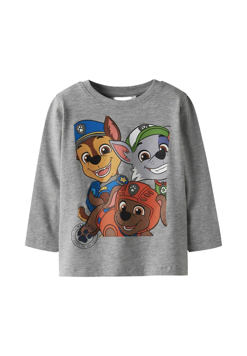 Szara koszulka z długim rękawem z grafiką trzech kreskówkowych psów w kolorowej wersji; żywe kolory z niebieskimi, zielonymi i pomarańczowymi akcentami.