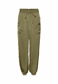 Pantalons vert olive à coupe décontractée, taille élastique, cordon de serrage réglable et poches latérales. Fabriqués en tissu lisse et doux.