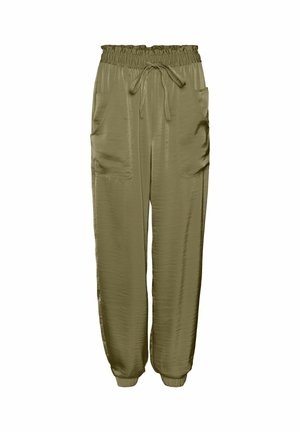 Pantalons vert olive à coupe décontractée, taille élastique, cordon de serrage réglable et poches latérales. Fabriqués en tissu lisse et doux.