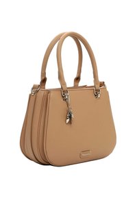 Ruda dirbtinės odos rankinė su dviem apvaliais rankenomis, šoninėmis raukėmis, sidabrine aparatūra ir mažyčiu pakabuku prie vienos rankenos.