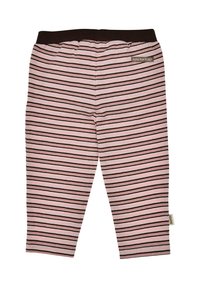 Striped leggings in pink and brown, featuring an elastic waistband and a small tag. Soft fabric with a smooth texture.