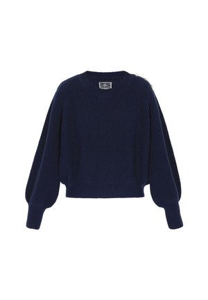 Maglione a maglia blu navy, design cropped con maniche a palloncino, scollatura rotonda e bottoni decorativi su una spalla. Tessuto testurizzato.