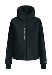Schwarze Kapuzenjacke mit Reißverschluss auf der Vorderseite. Mit dem Schriftzug "RED BULL RACING" in weißem, vertikalem Text auf der einen Seite. Hergestellt aus glattem, leichtem Material.