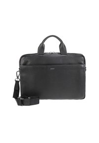 Sort læder laptoptaske med to topskafter og justerbar skulderrem. Har et elegant design, struktureret overflade og en forreste lynlåslomme.