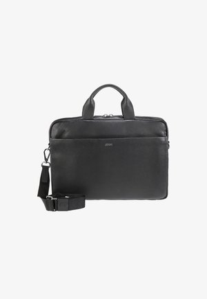 Zwarte leren laptop tas met dubbele handgrepen en een verstelbare schouderriem. Beschikt over een stijlvol design, textuur en een voorzak met rits.