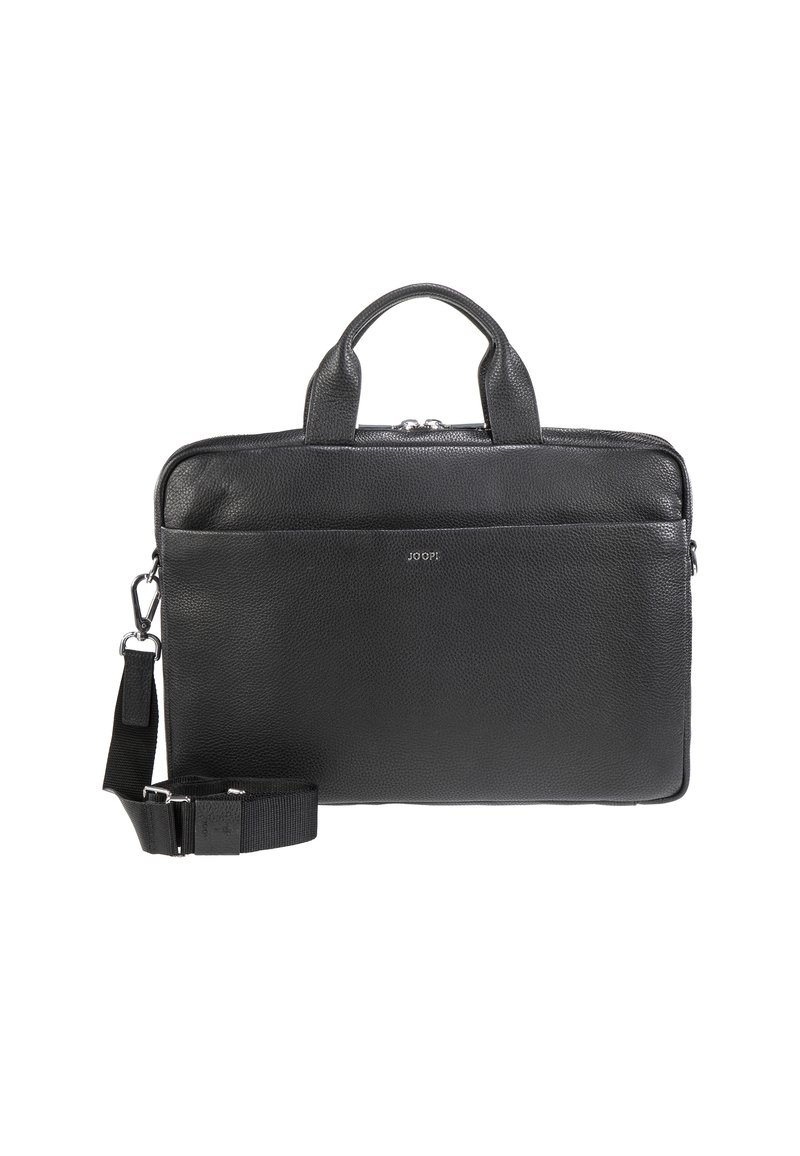 Sort læder laptoptaske med to topskafter og justerbar skulderrem. Har et elegant design, struktureret overflade og en forreste lynlåslomme.