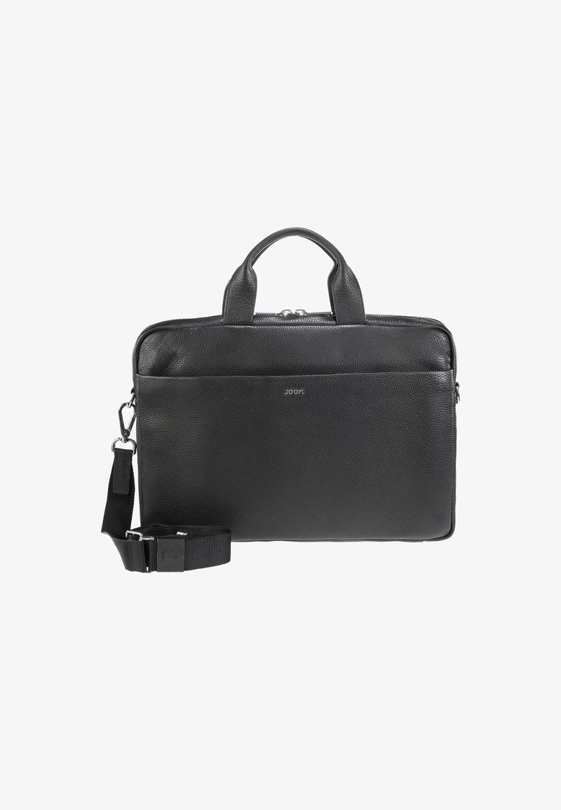 Schwarze Leder-Laptoptasche mit zwei oberen Griffen und verstellbarem Schultergurt. Sie zeichnet sich durch ein schlankes Design, eine strukturierte Oberfläche und eine vordere Reißverschlusstasche aus.