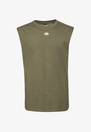 Olivovo zelené tielko bez rukávov vyrobené z jemného materiálu, s okrúhlym výstrihom a malým logom na prednej časti.