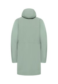 Hellgrüne lange Parka-Jacke mit Kapuze, elastischem Taillenbund und langen Ärmeln, von hinten auf weißem Hintergrund gezeigt.