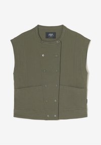 Gilet verde senza maniche realizzato in un tessuto texturizzato, con chiusura a bottoni sul davanti e due grandi tasche anteriori.