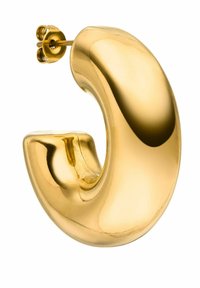 Goldene Creolen mit einem glatten, geschwungenen Design und polierter Oberfläche. Verfügt über einen sicheren Steckverschluss und eine moderne, skulpturale Form.