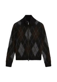 Cardigan con zip in nero, grigio antracite e marrone con motivo argyle. Realizzato in un tessuto a maglia testurizzato, presenta un colletto alto.