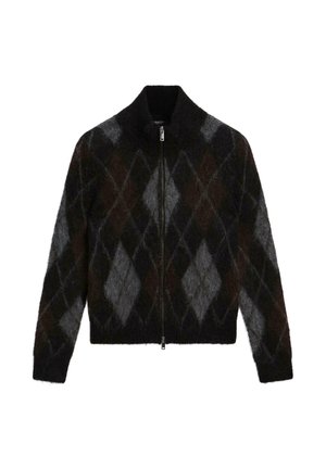 Lukket cardigan i sort, antracit og brun med et argyle-mønster. Fremstillet af et struktureret strikstof, med en opretstående krave.
