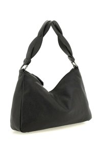 Borsa a tracolla nera in pelle con superficie testurizzata, forma triangolare e un design unico del manico intrecciato. Presenta dettagli in metallo argentato.