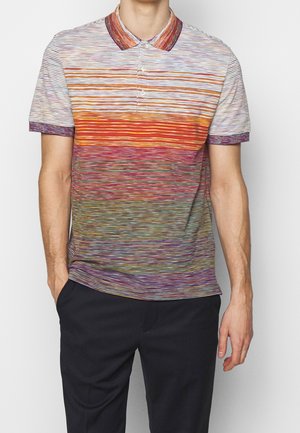 Short-sleeve polo shirt featuring a gradient pattern of horizontal stripes in orange, purple, and green tones; button placket, ribbed collar.
