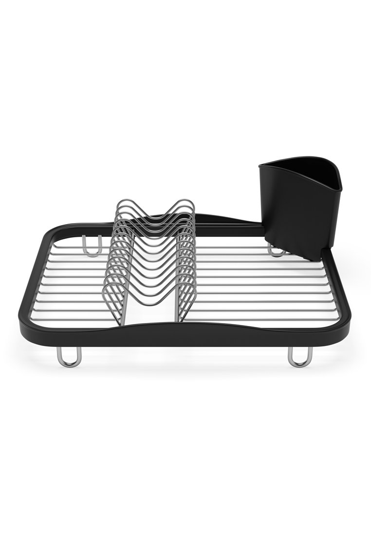 Stendibiancheria nero con una base rettangolare in plastica e scomparti in acciaio inossidabile per l'asciugatura. Include un portautensili nero sul lato.