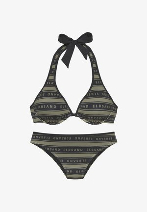 Zwart en olijfgroen bikini-set met een driehoekig bovenstuk met nekband en een onderstuk met een afwisselend tekstpatroon "ELBSAND".