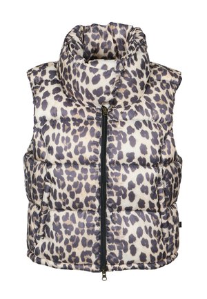 Mouwloos puffer-vestje met luipaardprint, hoge gewatteerde kraag, rits aan de voorkant en zijzakken.