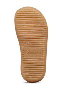 Sohle eines beigen Kinderschuhs mit horizontalen Rillen, Größe 20 markiert, und dem eingeprägten "Naturino"-Logo in der Mitte.