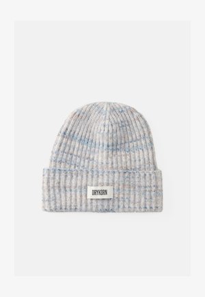 Sivi rebrasti pleteni beanie sa svijetloplavim i narančastim točkicama, s preklopom na rubu i pravokutnom bijelom etiketom sa logotipom "DRYKORN".