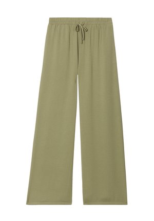 Wide-leg, olive green pants made from soft fabric with an elastic waistband and drawstring. Features a relaxed fit and no visible patterns.
