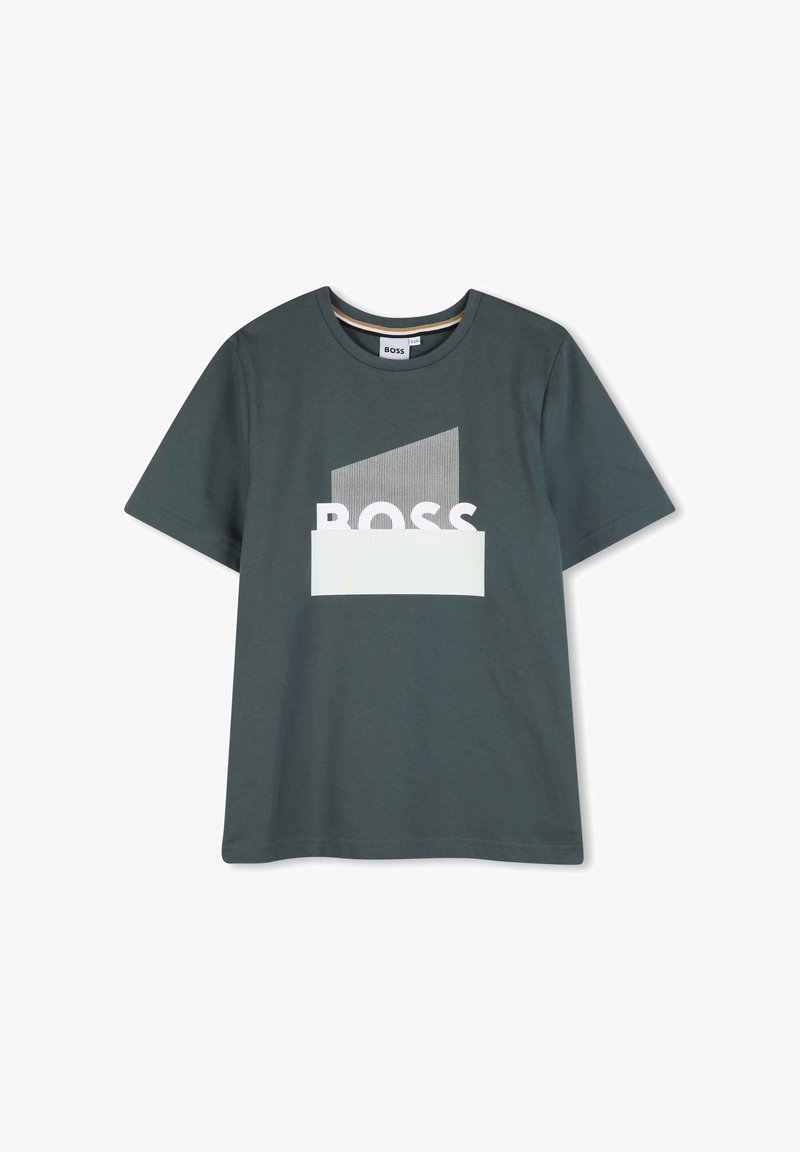 T-shirt manches courtes gris foncé avec col rond et motif graphique blanc portant le mot "BOSS" à l'avant.