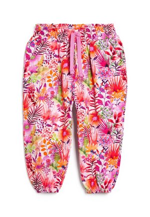 Pantaloni per bambini con vita elastica, con motivo floreale e foglie vivaci in rosa, arancione e verde e coulisse rosa su sfondo bianco.