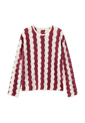 Maglione a manica lunga in maglia con strisce verticali ondulate alternate nei colori bordeaux e crema, scollatura rotonda.