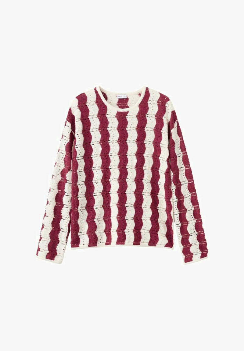 Pull en maille à manches longues avec des rayures verticales ondulées alternées en bordeaux et crème, col rond.