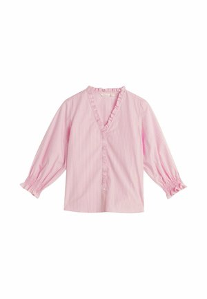 Roze-wit gestreepte blouse met een V-hals en ruches bij de halslijn, elastische pofmouwen en knoopsluiting aan de voorkant. Gemaakt van katoen.