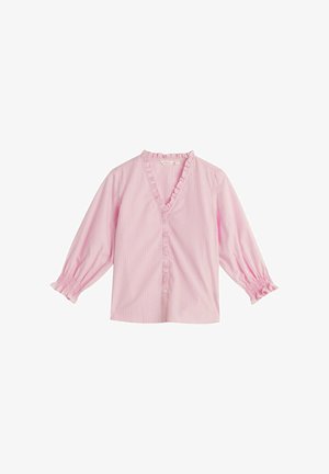 Roze-wit gestreepte blouse met een V-hals en ruches bij de halslijn, elastische pofmouwen en knoopsluiting aan de voorkant. Gemaakt van katoen.