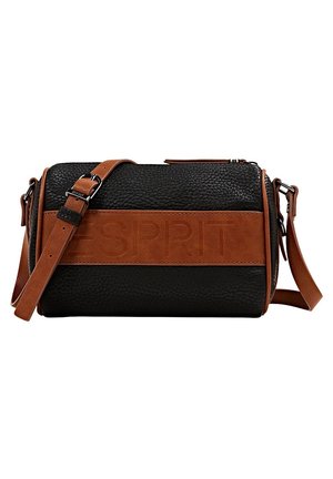 Black textured leather bag with a brown faux leather stripe, featuring engraved logo detail, adjustable strap, and zip closure.