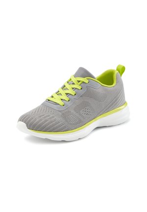 Gray athletic shoe with a breathable mesh upper, lime green accents, flat laces, and a cushioned white sole. Designed for comfort and flexibility.