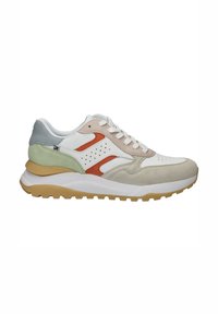 Sneaker aus einer Kombination von Wildleder und Leder in Weiß, Hellgrau, Pastellorange und Mintgrün. Dicke Gummisohle mit strukturiertem Profil.