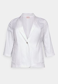 Bílý blazer s jednobodovým zapínáním, klopovými límci, tříčtvrtečními rukávy a dvěma předními kapsami. Hladký povrch látky.