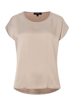 Beige kurzärmliges Oberteil mit rundem Ausschnitt, glatter Textur und leicht abgerundetem Saum an der Unterseite. Etiketten sind innen sichtbar.