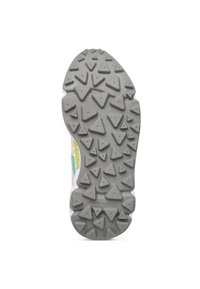Grau gummi Schuhsohle mit dreieckigen Profilen, strukturiertem Finish und weißen Akzenten. Die Marke "Flower Mountain" ist in der Nähe der Ferse sichtbar.