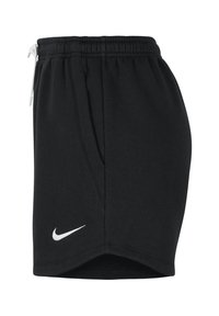 Schwarze Nike-Shorts aus weichem Stoff, mit einem elastischen Bund, Seitentaschen und einem weißen Logo auf der unteren linken Seite.