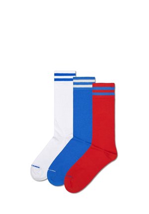 Paket mit Baumwollsportstrümpfen in drei Farben: Weiß mit blauen Streifen, Blau mit weißen Streifen und Rot mit weißen Streifen. Klassisches Design.