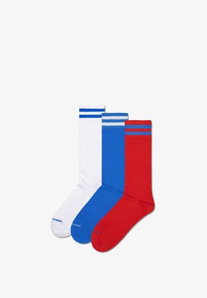 Cotton athletic socks pack featuring three colors: white with blue stripes, blue with white stripes, and red with white stripes. Classic design.