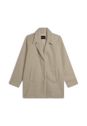 Manteau beige texturé avec un col cranté, des poches avant et des manches longues. Fabriqué en matériau doux et pelucheux, offrant une coupe décontractée.