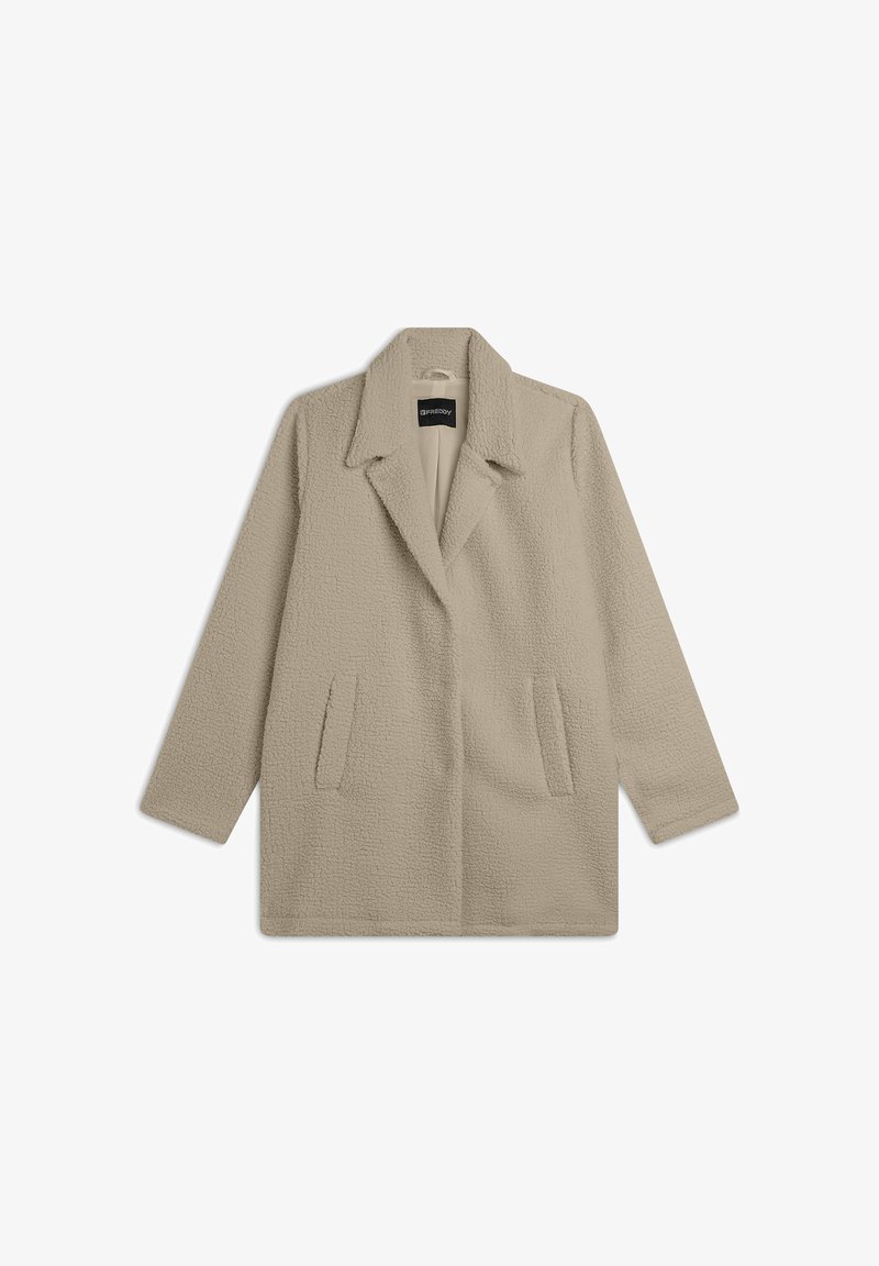 Cappotto beige testurizzato con colletto a rever, tasche anteriori e maniche lunghe. Realizzato in un materiale morbido e peloso, offre una vestibilità rilassata.