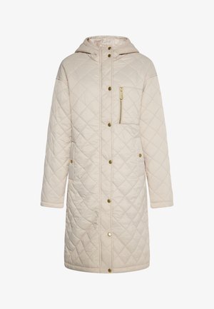 Bež quiltitud jakk, millel on kapuuts, eesmine lukuga tasku ja kuldse tooni nupud. Pehme kangas sujuva tekstuuriga ja lõdva istuvusega.