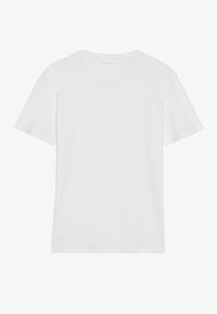 T-shirt blanc à manches courtes en coton. Il arbore un col rond, un design simple et une texture propre et lisse sans motifs ni accents.
