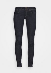 Jeans skinny realizzati in denim scuro con una texture liscia. Presentano una chiusura con bottone, cinque tasche e dettagli di cucitura a contrasto.