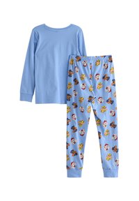 Light blue long-sleeve top paired with matching pajama bottoms featuring colorful cartoon character prints and elastic waistband.